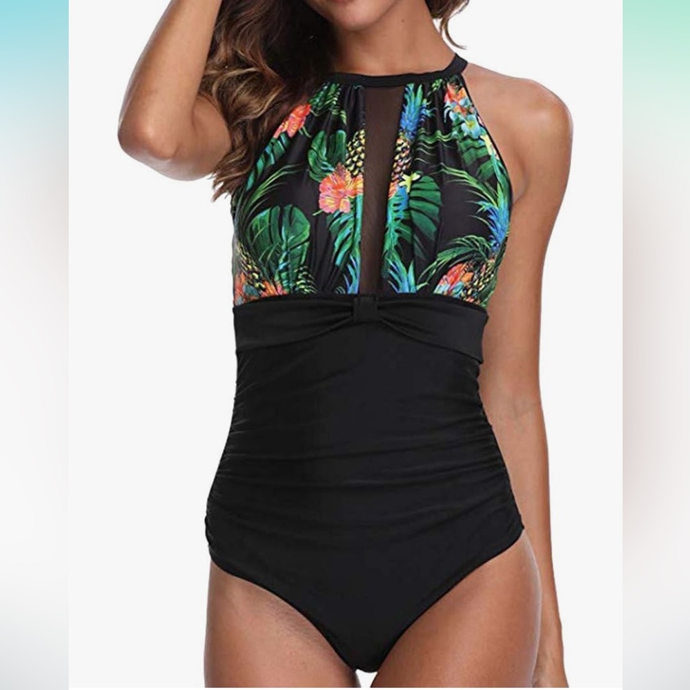 Lavany Floral Halter One-Piece High Neck Swimsuit NWOT